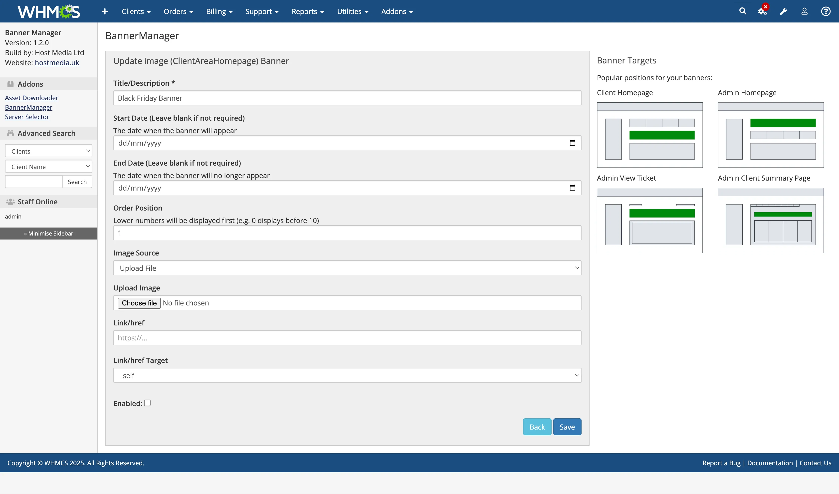 WHMCS Banner Manager module screenshot